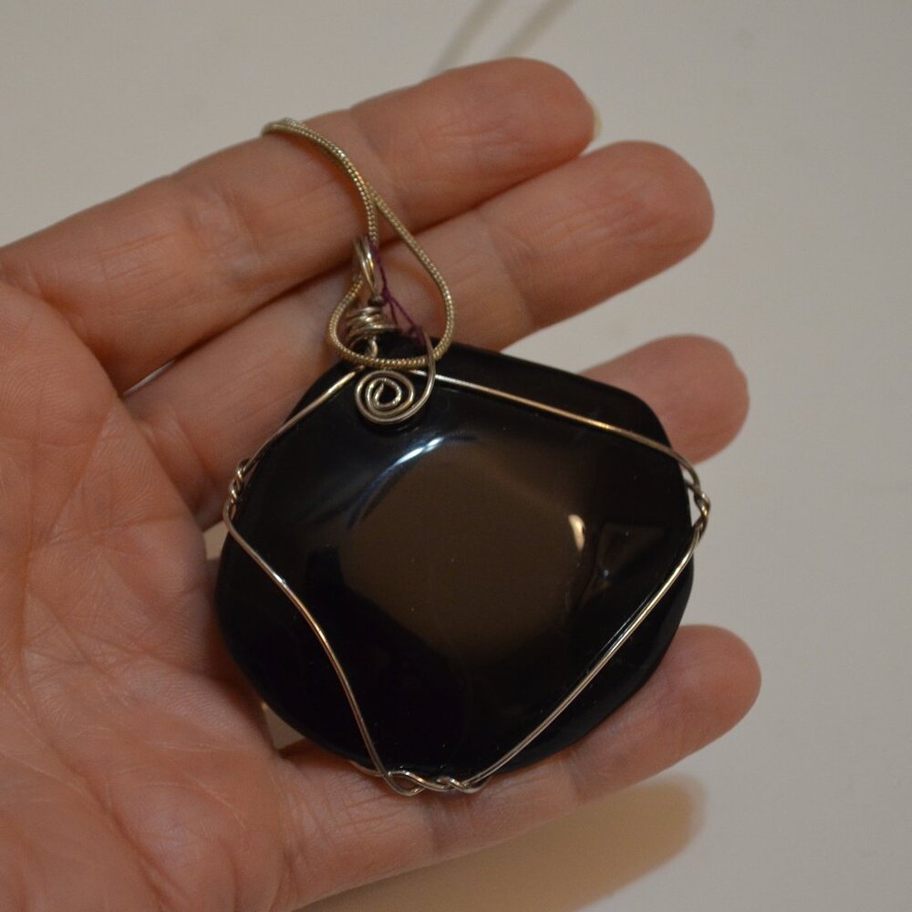 Necklace with Pendant Black Natural Druzy Stone 2'x2' Wired Chain Silvertone~10'